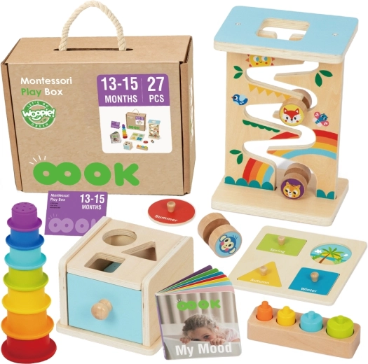 Woopie Green Montessori kaste 6 vienā – koka izglītojošais komplekts bērniem 13–15 mēnešiem