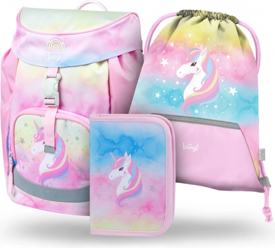 Skolas komplekts BAAGL Airy Rainbow Unicorn – mugursoma, penālis un maisiņš