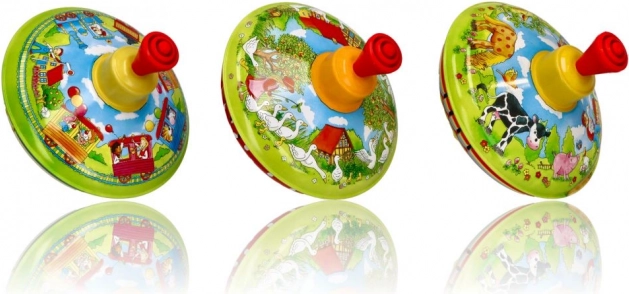 Classic tin spinning top with farm pictures