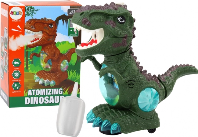 Zaļš dejojošs dinozaurs ar šķēršļu sensoru un gaismas efektiem