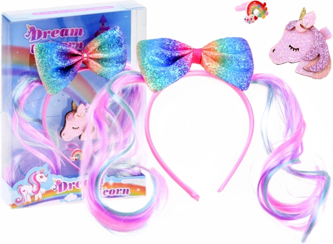 Girls' hair accessories set with rainbow bow, unicorn clip and ring