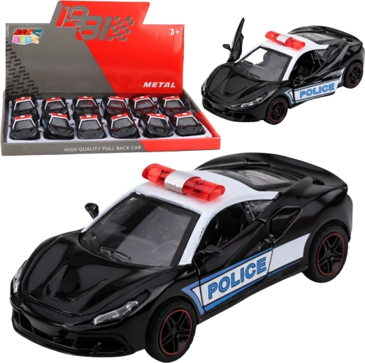 Metāla policijas sporta automašīnīte 1:43 ar pull-back piedziņu, melnbalta, ar atveramām durvīm