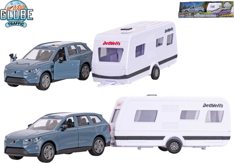 Kids Globe Traffic Volvo EX90 ar Dethleffs piekabi – metāla modelis ar pull-back piedziņu