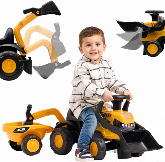 JCB children's ride-on toy with trailer, shovel and rake