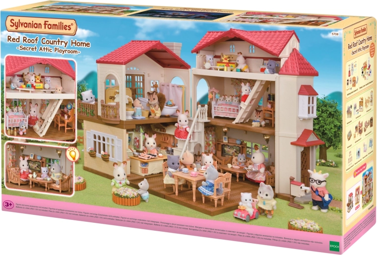 Sylvanian Families divstāvu māja ar sarkanu jumtu un apgaismojumu
