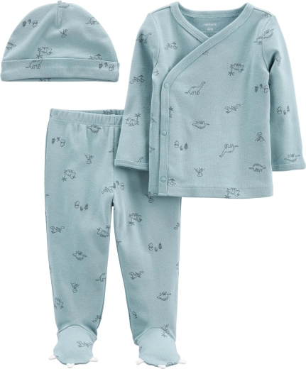 Carter’s 3 daļu zīdaiņu komplekts Blue Dino – krekliņš ar garām piedurknēm, pusromperis un cepurīte