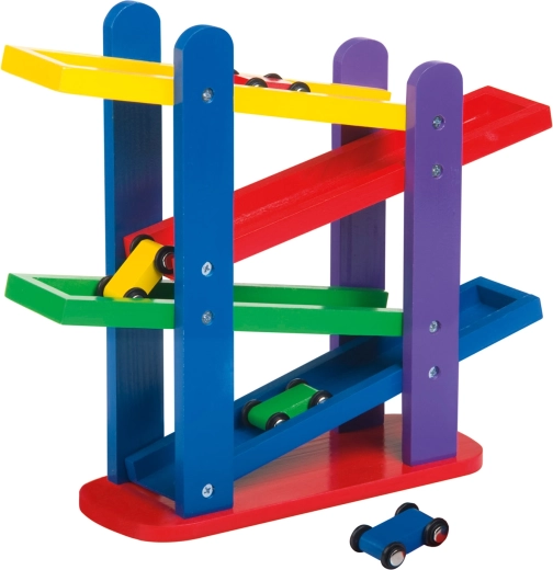 Wooden racetrack with colorful cars