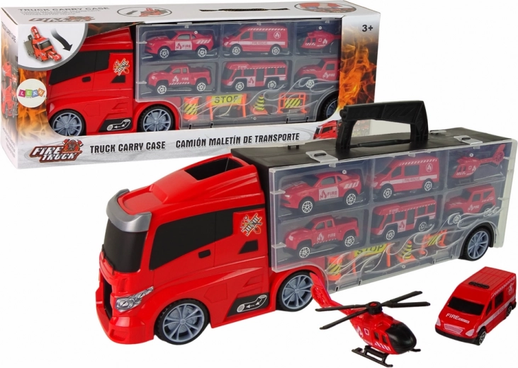 Ugunsdzēsēju kravas auto ar piekabi un mašīnītēm – glābēju pārvadātājs