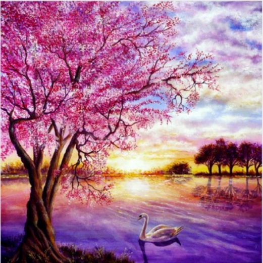 Dimanta gleznošanas mozaīka – saulriets virs ezera 30 × 30 cm