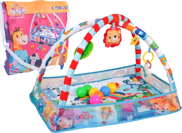 Bērnu rotaļu paklājiņš un sausais baseins ar arku un piekaramajām rotaļlietām