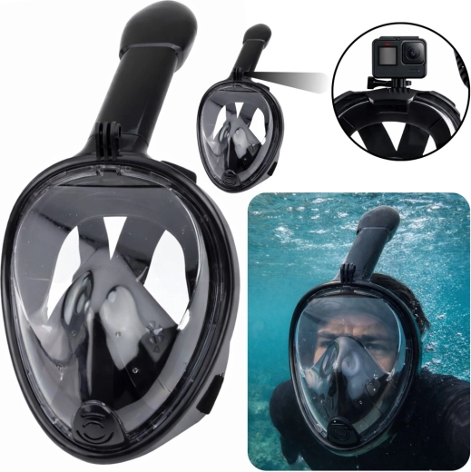Pilnas sejas snorkelēšanas maska ar 180° panorāmas skatu un pretaizsvīšanas sistēmu, melna L/XL