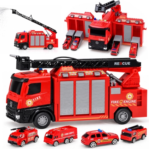 Transformable fire station with vehicle, lights, sounds and water