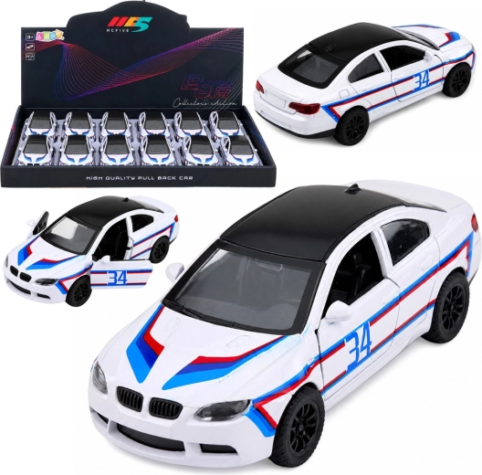Metāla sporta auto modelītis ar pull-back piedziņu un atveramām durvīm, balts 1:32 - 1 gab.
