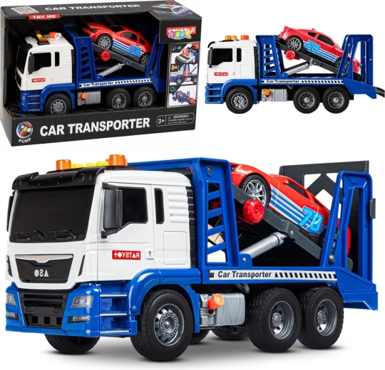 Toy car transporter (tow truck) with sports car, lights and sounds, blue-white - 1 piece