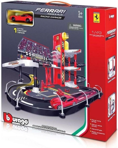 Bburago Ferrari Race+Play garāža ar sacīkšu trasi un automašīnīti 1:43