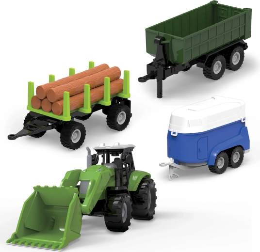 FARM SERVICE komplekts: traktors ar iekrāvēju, divām piekabēm un piekabe ar gaismām un skaņām