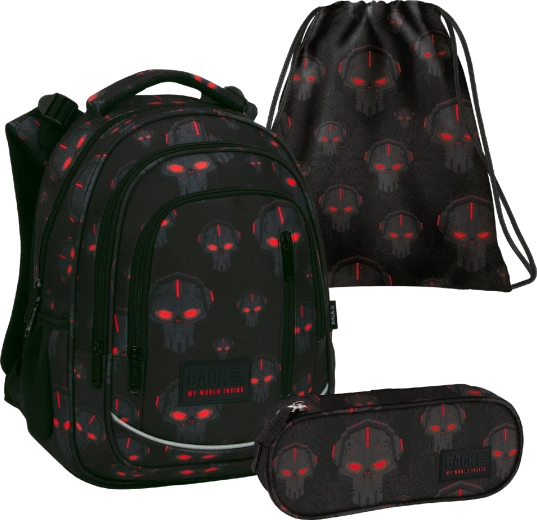 Skolas komplekts BackUP Robots Red 3v1 (mugursoma, penālis un maisiņš)