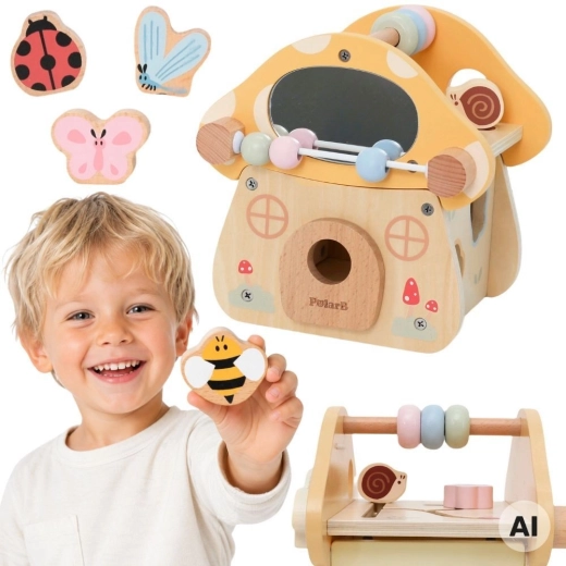 Viga PolarB wooden fine motor mushroom with shape sorter, labyrinth and mirror 18m+