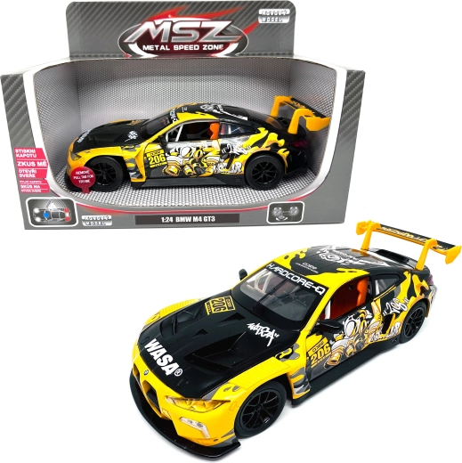 Metāla BMW M4 GT3 modelis ar gaismu un skaņu, mērogs 1:24