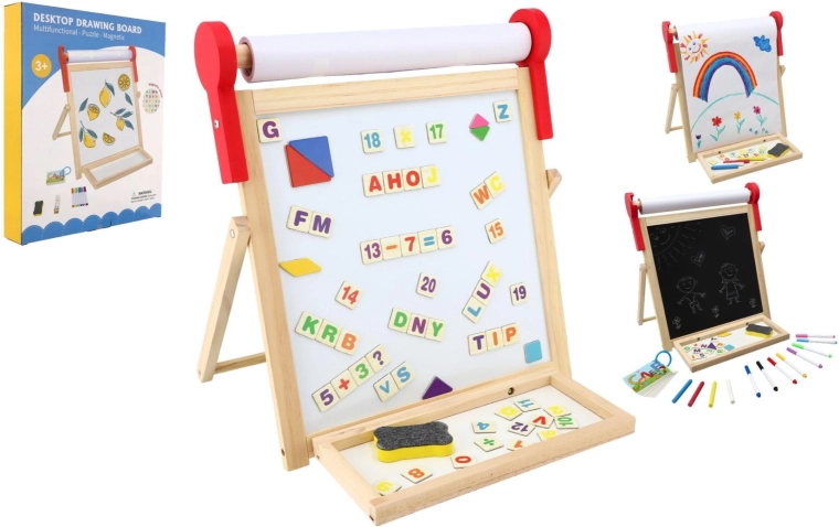Divpusēja magnētiska bērnu koka tāfele 33 × 33 cm ar papīra rulli un piederumiem