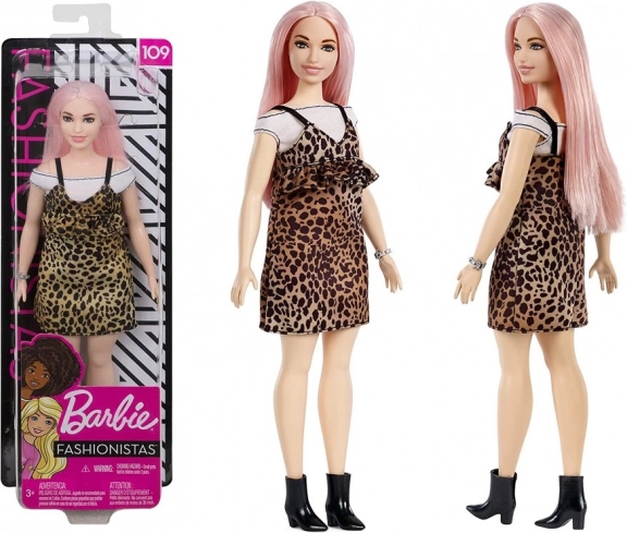 Barbie Fashionistas lelle ar rozā matiem un leopardraksta kleitu