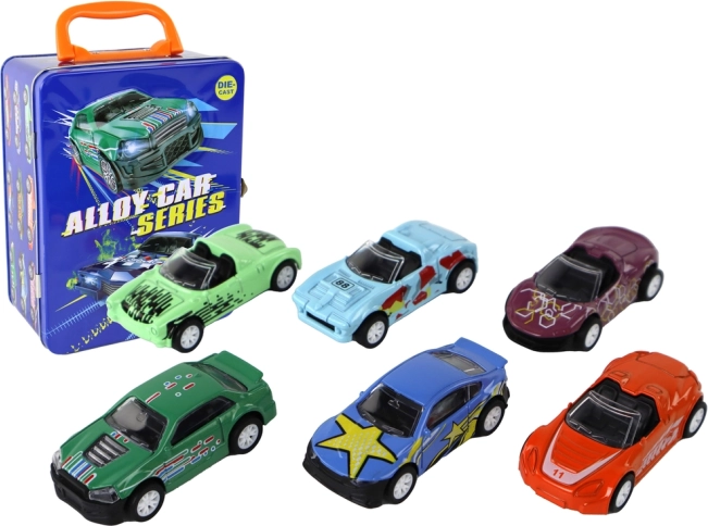 Metāla rotaļu auto komplekts ar inerciālo piedziņu skārda koferītī 1:64, 6 gab.