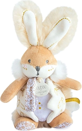 Doudou plīša zaķītis ar grabulīti un knupīša turētāju 21 cm, balts