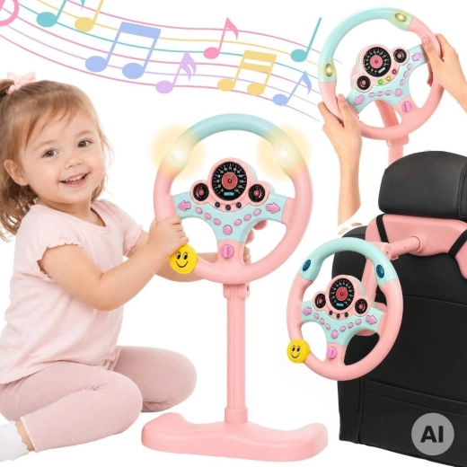 Interactive children’s steering wheel with lights, pink Woopie