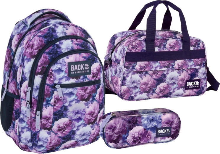 BackUP Violet Bloom izdevīgais komplekts 3 vienā: skolas mugursoma, penālis un sporta soma