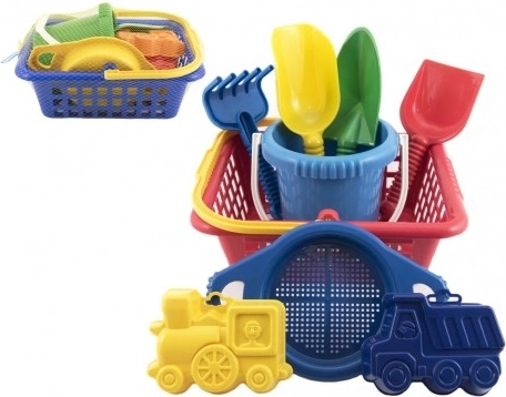 Bērnu smilšu komplekts ar grozu, spainīti un formiņām