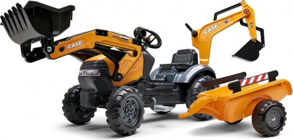 Pedāļu traktors CASE ar priekšējo kausu, aizmugurējo ekskavatoru un noņemamu piekabi FALK Eco Design