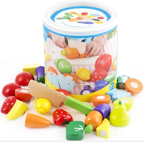 Wooden Fruit and Vegetables for Cutting in a Bucket