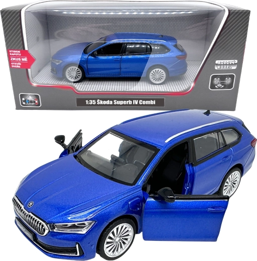 Metāla modelis Škoda Superb IV Combi 1:35 zilā krāsā ar gaismām un skaņām