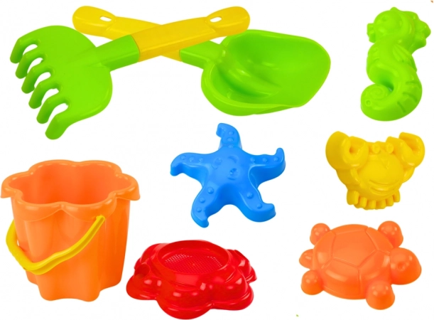 Smilšu rotaļlietu komplekts ar spaini, sietiņu un formiņām, 8 daļas