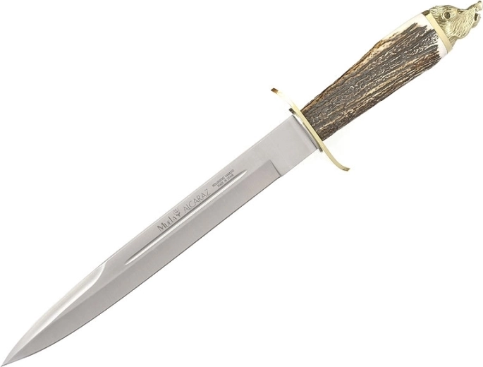 Muela Alcaraz hunting knife with antler handle and leather sheath, 26 cm