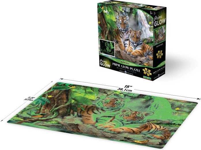 Spīdoša 3D puzle – tīģeris pie ūdenskrituma, 100 detaļas