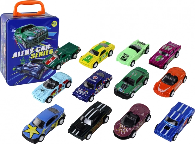 Set of 1:64 Metal Toy Cars with Friction Drive – 12 Pieces in a Metal Carry Case