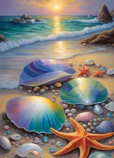 NORIMPEX Krāsošana pēc numuriem: krāsainas gliemežnīcas pludmalē 40 × 50 cm