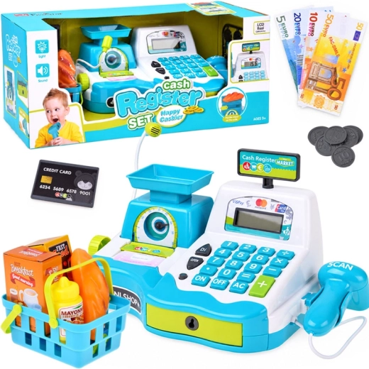 Children's interactive cash register with scanner, scale and accessories