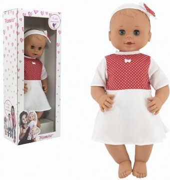 Leļļu mēmele Hamiro, mirkšķinošas acis, 50 cm, ar stingru ķermeni un baltu kleitu ar sarkaniem punktiņiem