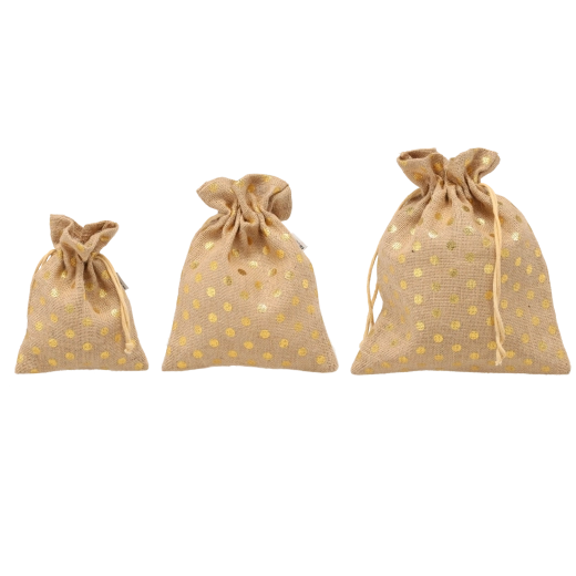 Džutas maisiņu komplekts ar zelta punktiņiem 30 × 25 / 25 × 20 / 20 × 15 cm