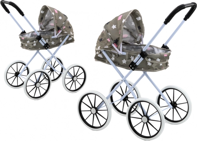 Leļļu ratiņi – gondola ar jumtiņu, salokāmi, pelēki (zvaigznītes un mākonīši) 60 cm