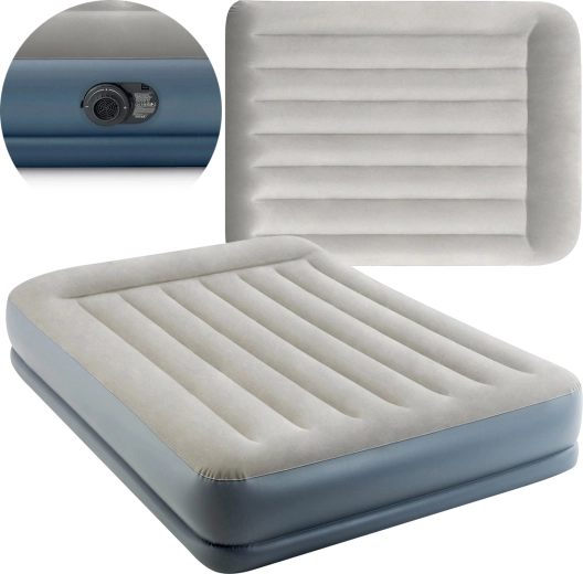 Inflatable velour bed INTEX Pillow Rest Mid-Rise, double bed with electric pump 203 × 152 × 30 cm
