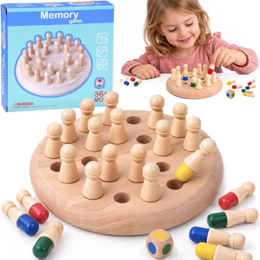 Wooden memory game with colored pegs