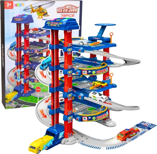 Liels daudzlīmeņu autostāvvieta ar elektrisko liftu un auto trasi