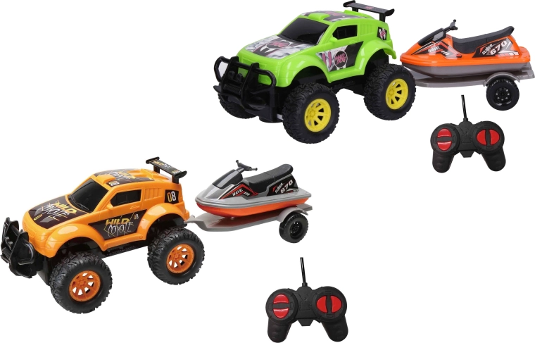 RC off-road car with a jet ski on a trailer