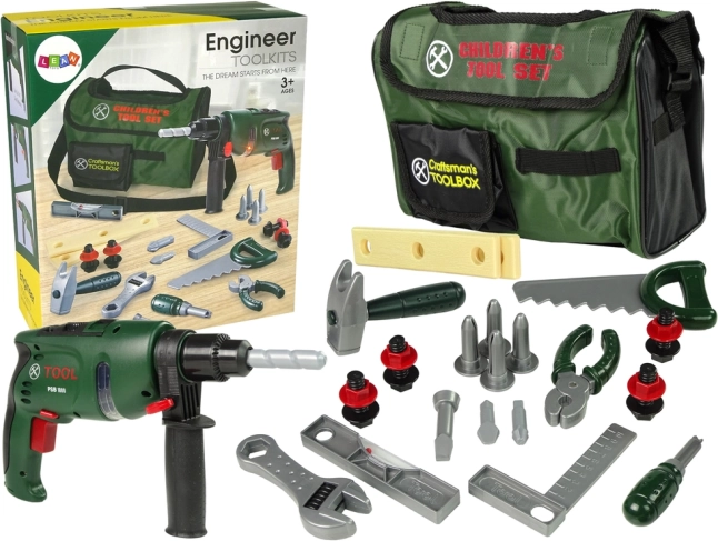 Bērnu instrumentu komplekts somā ar urbi, āmuru un zāģi