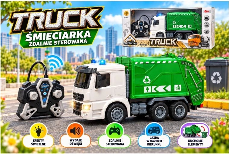 Radio-controlled garbage truck with lights and charger