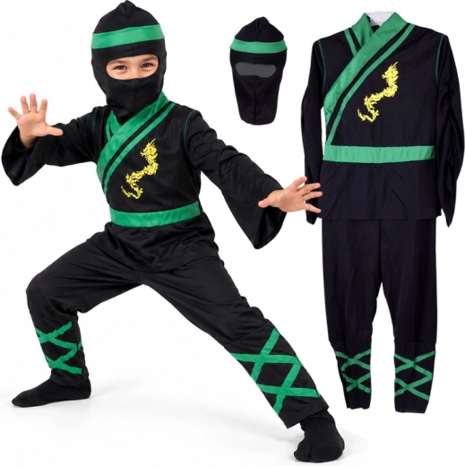 Children's ninja costume with green details, size M