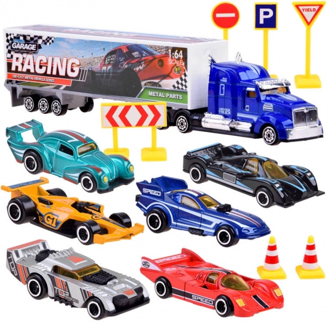 Metal toy car set of racers with signs